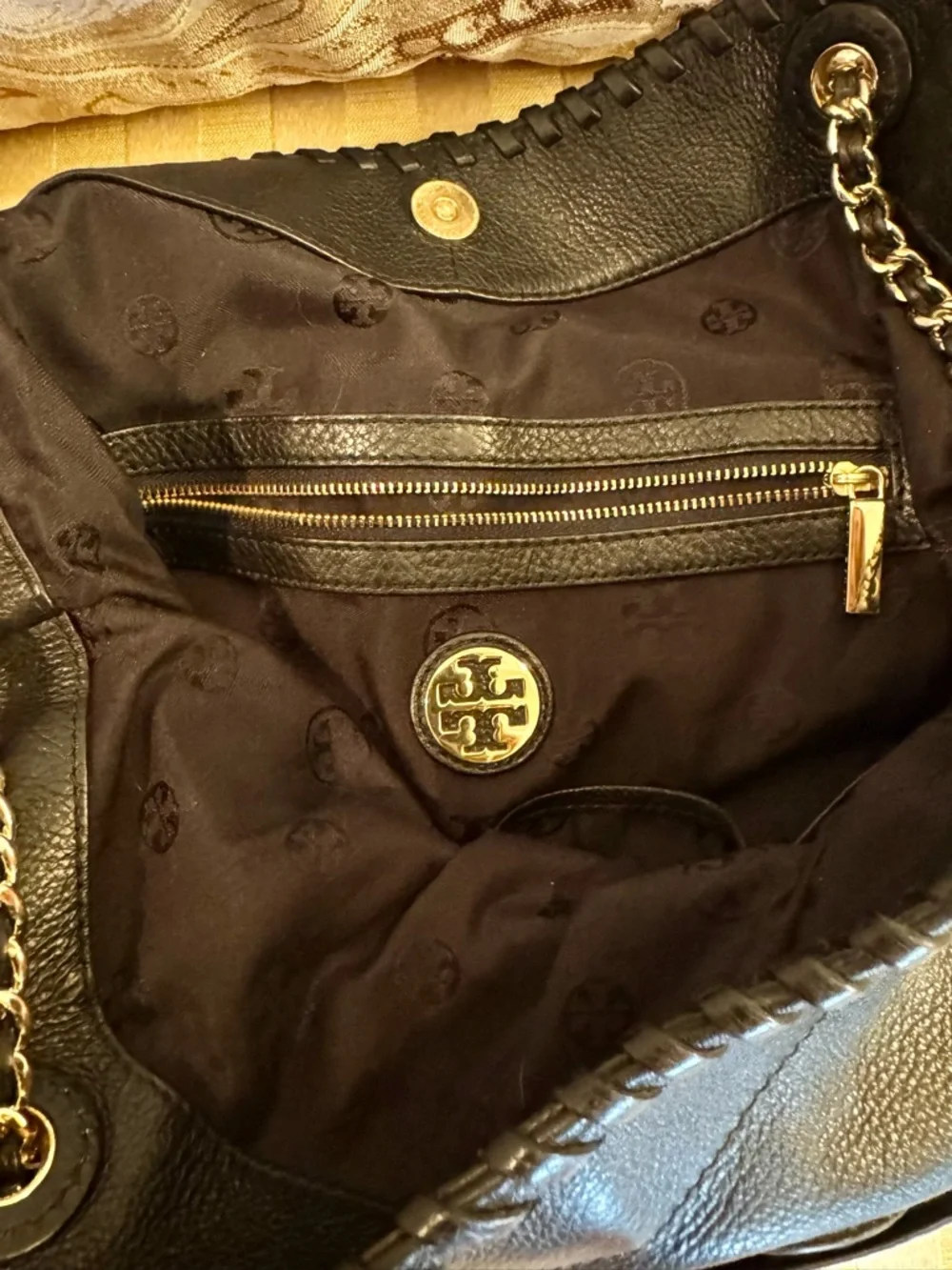 Tory Burch Black Leather Whipstitch Chain-Handle Tote-Vintage - Picture 3 of 5